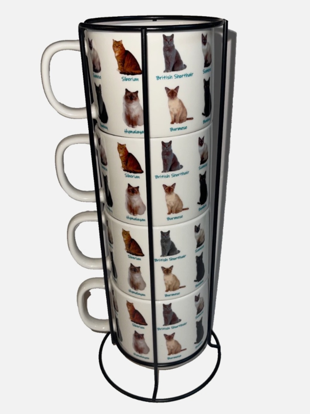 Stacking Mugs Cups w/ Wire Stacking Rack Lot Set of 4 Kitty Cats Crazy Cat Lady